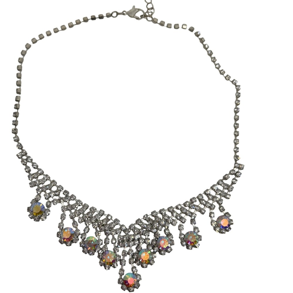 Sparkling AB Crystal Rhinestone‎ Necklace Glamorous Silver Tone Statement Aurora